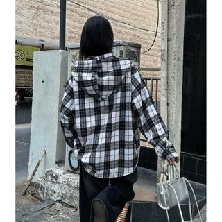 Áo sơ mi kẻ có mũ dáng rộng chất dày đẹp, áo khoác ngoài ulzzang, áo chống nắng