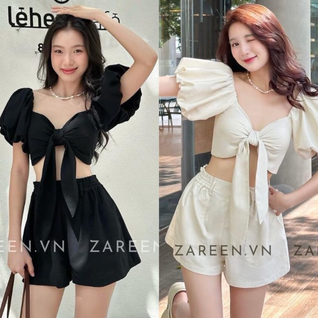 Set Linen Tiêu Áo Ống Nữ Cúp Ngực Thắt Nơ Tay Ngắn Bồng Mix Quần Short Cạp Chun 2 Lớp Cực Đẹp (Ảnh T