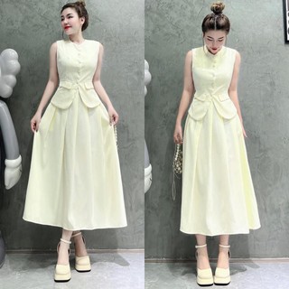 Set Áo Gile Tuyết Mưa 1 Màu Be Khuy Bọc Mix Chân Váy Xếp Ly Dáng Dài Lịch Sự, Thanh Tao (Ảnh Thật Trải Sàn) Lollaye