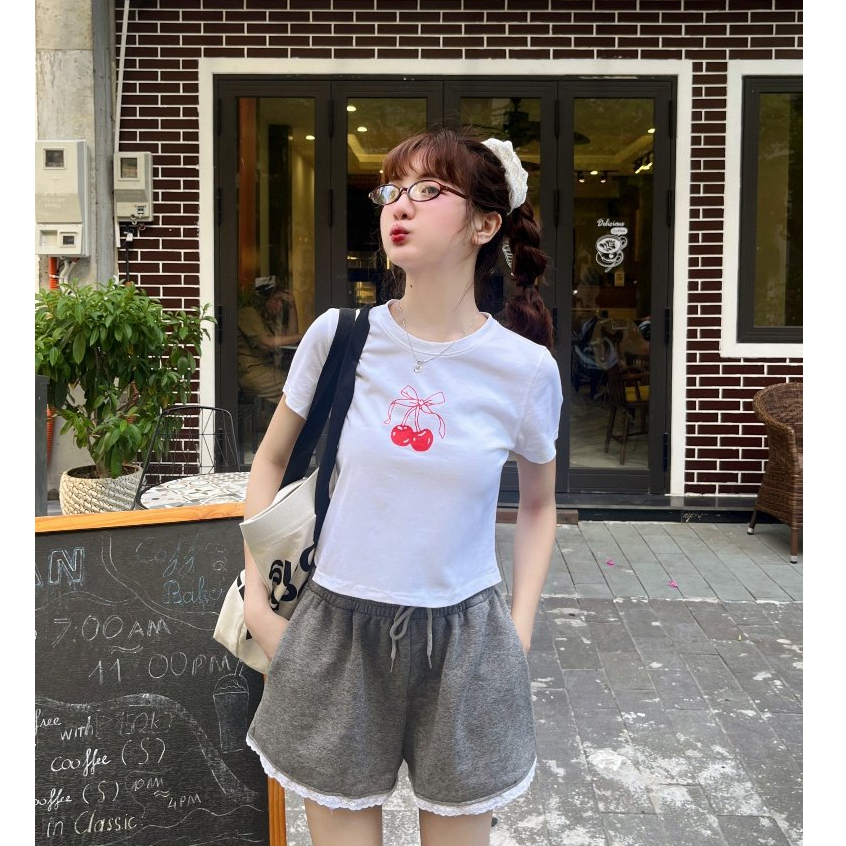 Áo croptop/babytee in hình trái cherry | PINA TOP | SECODEE