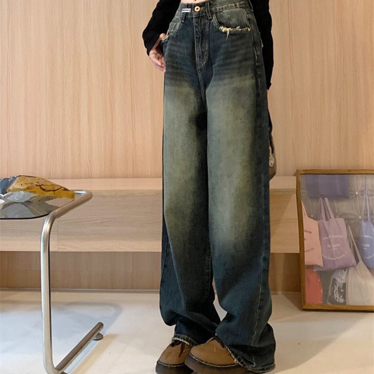 Quần Ống Rộng Retro tua rua gấu túi Jean Nữ Mùa Hè Mới, quần ông rộng basic siêu dễ phối đồ D57 | BigBuy360 - bigbuy360.vn