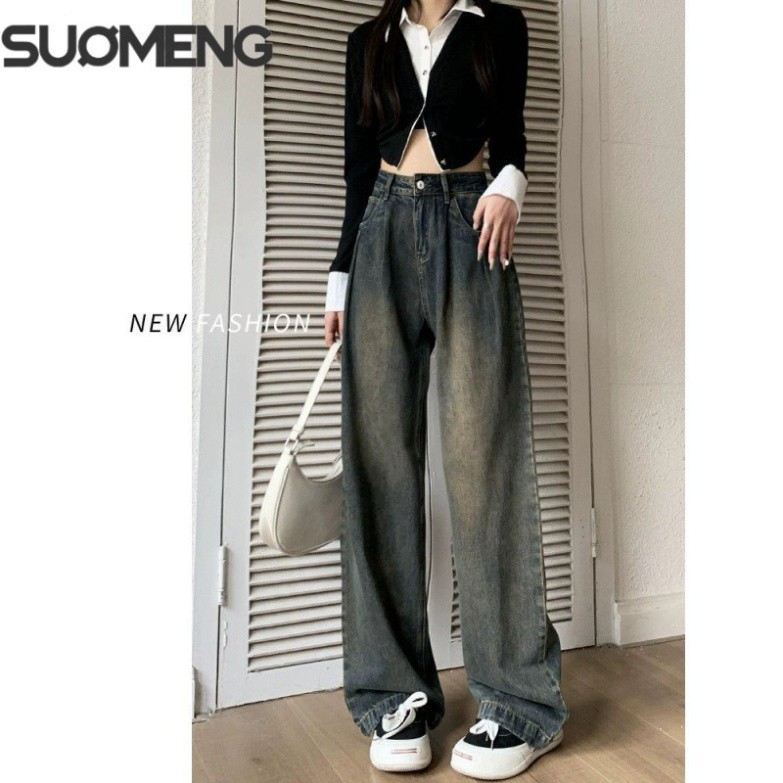 Quần Ống rộng eo nhúm may gấu, quần suông nữ jean Dễ thương Đơn giản siêu sang chảnh D 59 | BigBuy360 - bigbuy360.vn