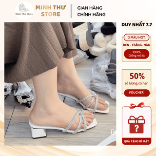 Dép cao gót nữ Minh Thư mũi vuông quai xoắn đính đá hột xoàn thiết kế cao cấp,giày cao gót nữ đi tiệc gót vuông 5cm-L292
