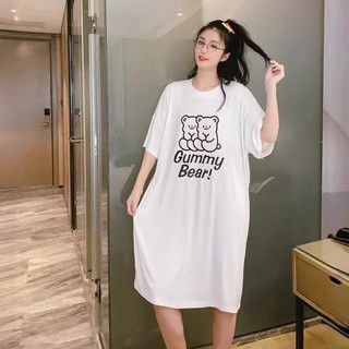 Váy thun suông cỡ lớn dành cho nữ ngắn tay in cặp đôi gấu và chữ TTDSA0216