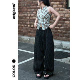 Quần kẻ sọc ống rộng Striped Migcool, quần dài ống suông màu đen Unisex