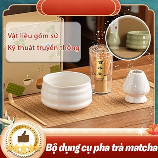 4 cái Bộ dụng cụ pha trà matcha Bộ pha matcha,Gốm sứ chất lượng cao được làm từ tre chất lượng cao Dễ dàng làm sạch