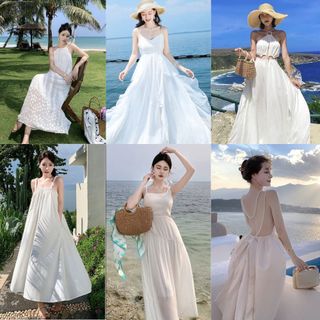 Đầm maxi váy đi biển du lịch màu trắng dáng dài babydoll cổ yếm hở lưng dây đan chéo nổi bật sang chảnh 7792 CT-19.4