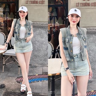 Áo khoác Gile Jean croptop Thêu chữ Áo Gile bò ulzzang Denim sát nách C&H Clothing