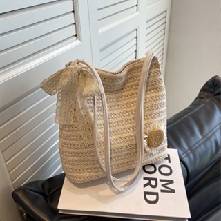 Túi Tote đan cói họa tiết đính hoa dễ thương dành cho nữ phong cách Hàn Quốc, túi đeo chéo sức chứa lớn đi biển 2024