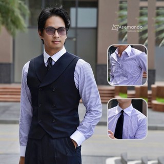 Winchester Sơ mi nam Kẻ xanh cam cotton silk cổ buttondown dài tay Asemando không nhăn Sơ mi cổ điển Sartorial