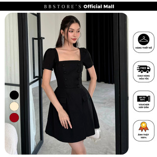 Đầm xòe tay phồng dự tiệc cổ vuông phối nút bọc sang trọng bbstore's -d3130