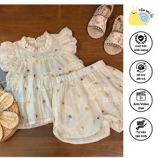 Set Bộ Thiết Kế Saramin Trắng Bèo Xếp Tầng Chất Tơ Đũi form rộng xinh xắn, chất đũi thấm hút mồ hôi, thoải mái cho bé