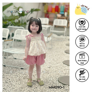 Set bộ hai dây buộc vai bánh bèo họa tiết tim màu hồng pastel chất đũi gân mềm mát cho bé gái