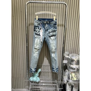 Quần jean bò nam Purple xanh nhẹ vẩy sơn rách gối tem mác lụa 4 cúc