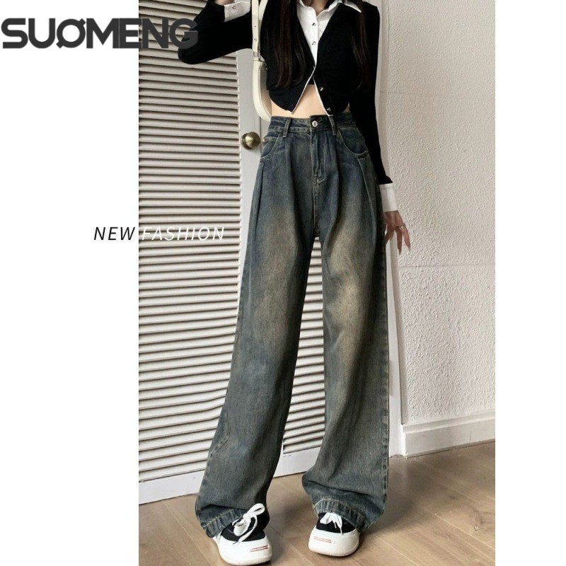 Quần Ống rộng eo nhúm may gấu vạt xám, quần suông nữ jean Dễ thương Đơn giản siêu sang D59 | BigBuy360 - bigbuy360.vn