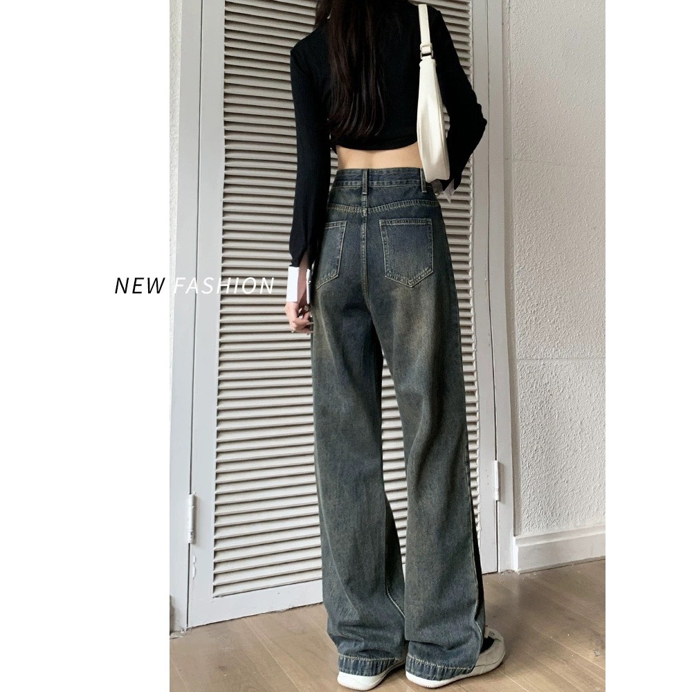 Quần Ống rộng eo nhúm may gấu vạt xám, quần suông nữ jean Dễ thương Đơn giản siêu sang D59 | BigBuy360 - bigbuy360.vn