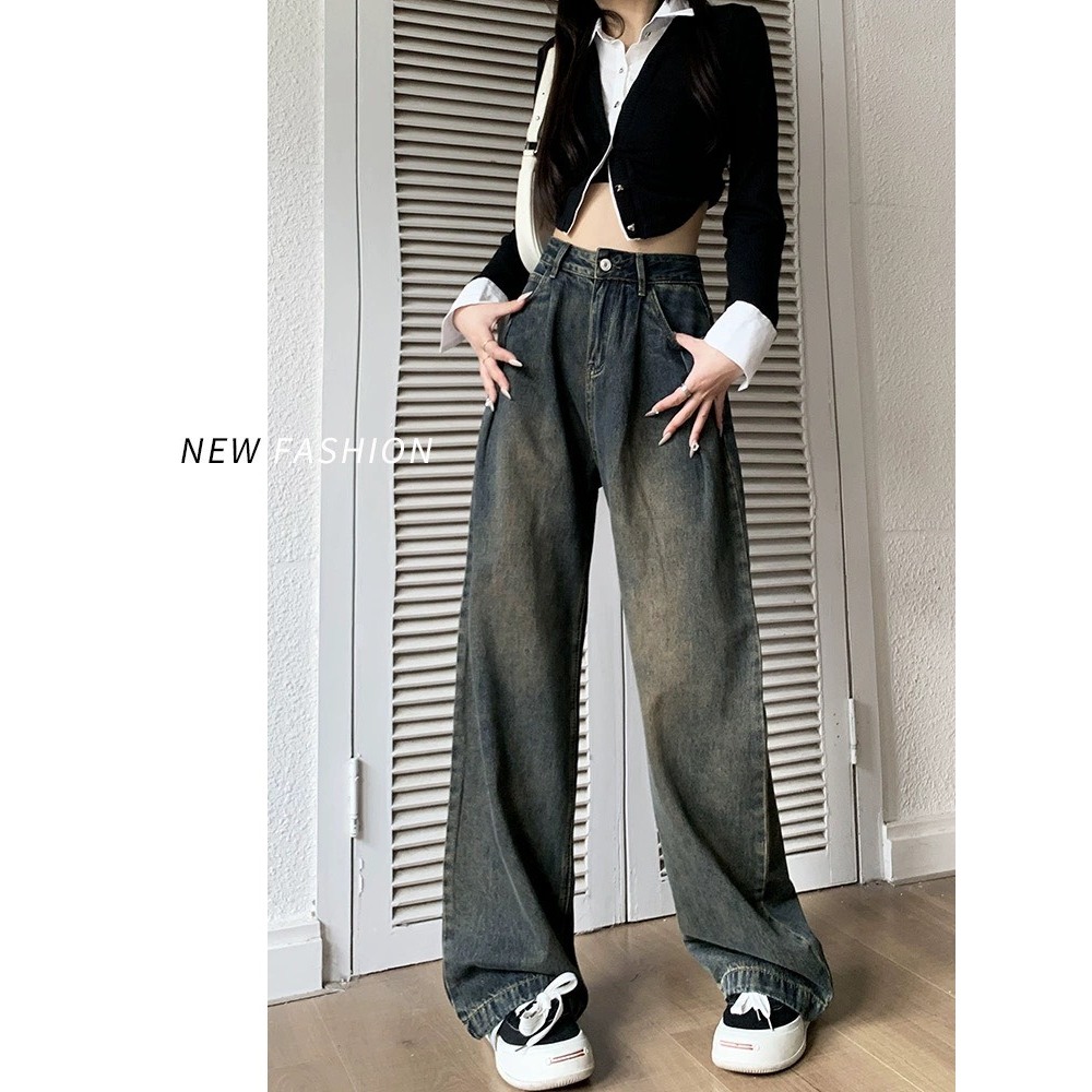 Quần Ống rộng eo nhúm may gấu vạt xám, quần suông nữ jean Dễ thương Đơn giản siêu sang D59 | BigBuy360 - bigbuy360.vn