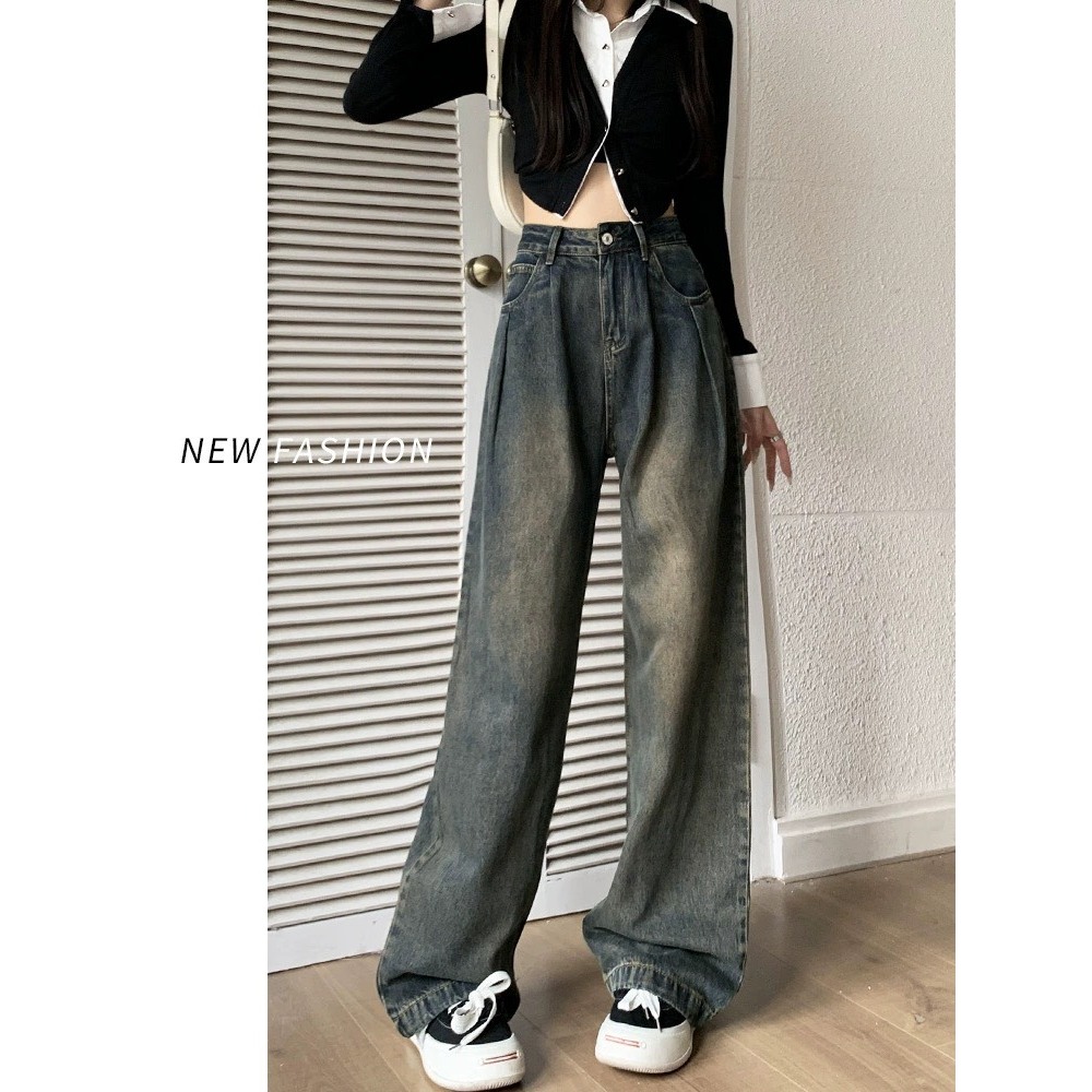 Quần Ống rộng eo nhúm may gấu vạt xám, quần suông nữ jean Dễ thương Đơn giản siêu sang D59 | BigBuy360 - bigbuy360.vn