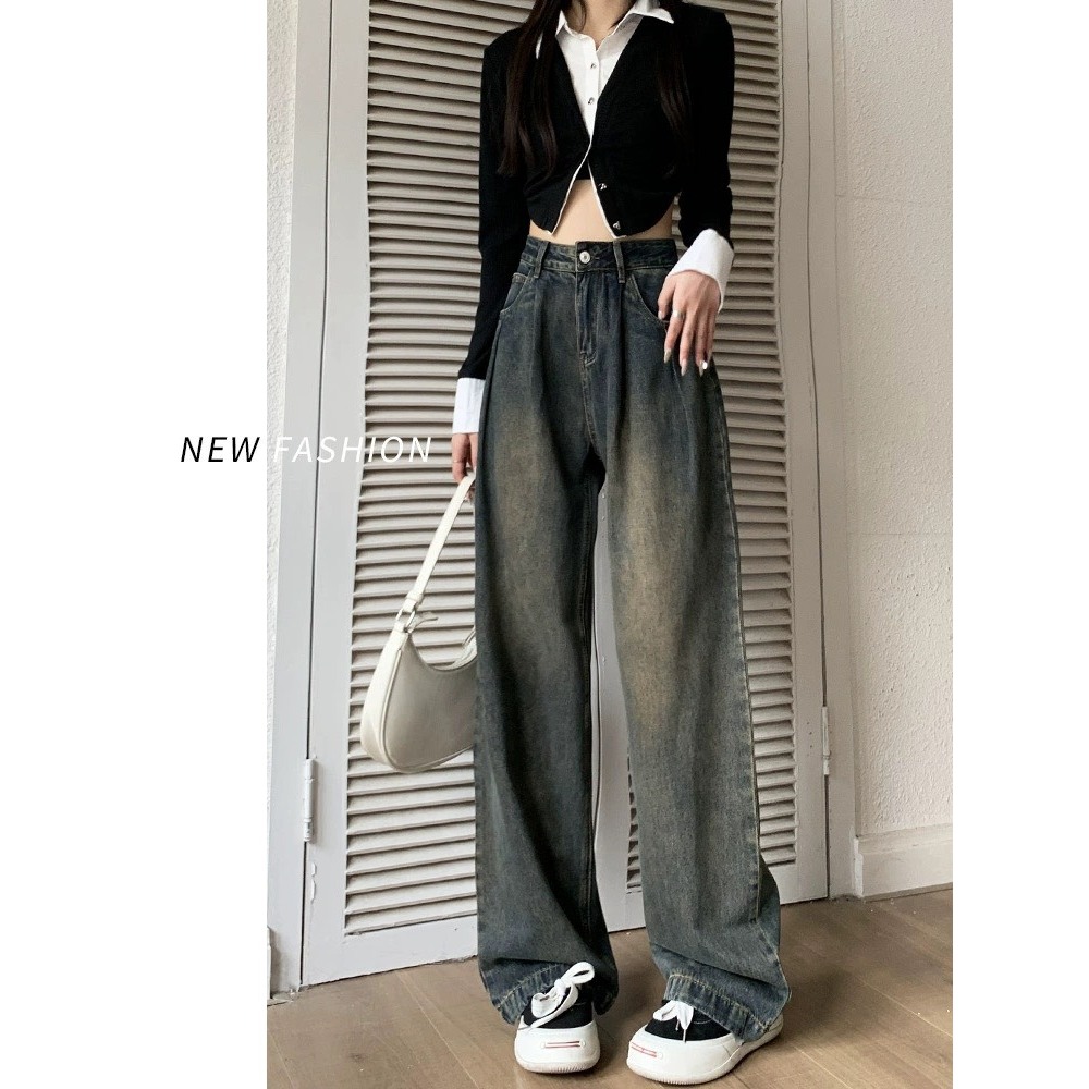 Quần Ống rộng eo nhúm may gấu vạt xám, quần suông nữ jean Dễ thương Đơn giản siêu sang D59 | BigBuy360 - bigbuy360.vn