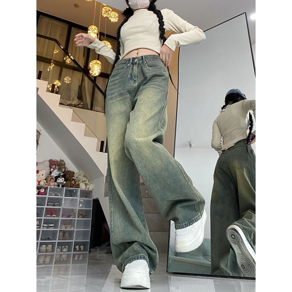 Quần jean nữ ống rộng màu rêu phủ vàng phong cách retro, quần ống suông rộng basic vải mềm Siêu Hot D58 HOT | BigBuy360 - bigbuy360.vn