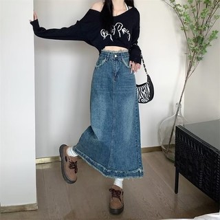 Chân váy jean dài midi phong cách HQ, chân váy dài tua gấu cạp cao tôn dáng -ngocdiepvustore-6822v16A