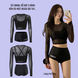 Đồ bơi, Bikini 2 mảnh màu đen, kèm áo mặc ngoài dày tay #BK098 (Set có áo mặc ngoài) Xuống Phố Shop