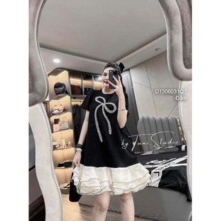 Đầm dáng suông rộng tay ngắn đuôi bèo nơ ép đá 0624 kèm ảnh thật