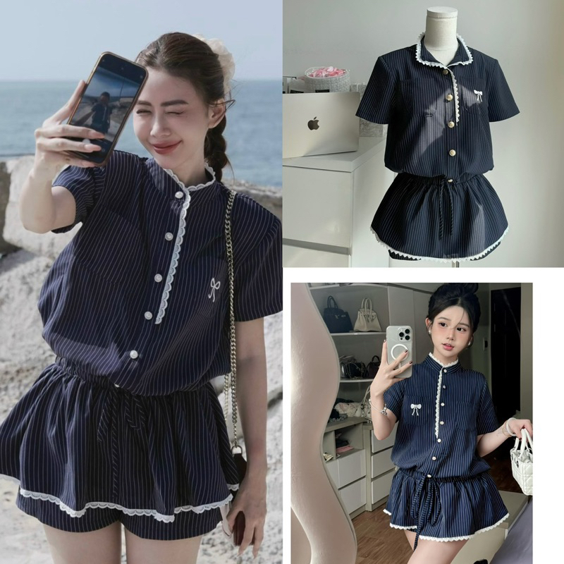 Jumpsuit/SET ÁO VÁY LIỀN QUẦN KẺ SỌC VIỀN REN THÊU NƠ chun eo hot hit