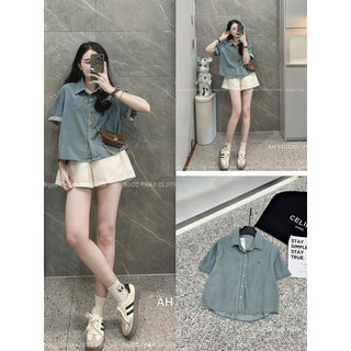 Áo Sơmi DeNim dáng lỡ thêu logo ngựa style Ulzzang