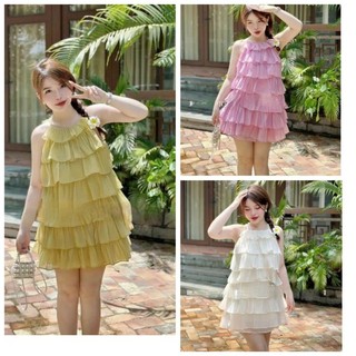 Sét đầm thời trang nữ mặc đi chơi chất tơ ánh kim đầm cổ yếm xếp tầng váy xòe mini kèm quần dx