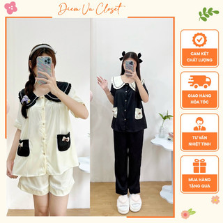 Set pijama lụa xước cổ sen phối túi nơ, bộ ngủ nữ mặc nhà tiểu thư