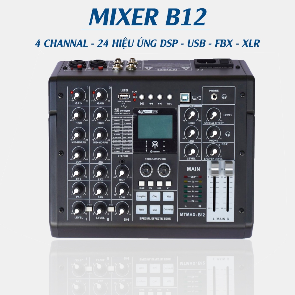 Bàn trộn âm thanh Mixer MTMax B12, Chống Hú FBX, 24 Hiệu Ứng Vang Số DSP, Kết Nối Bluetooth, USB tíc