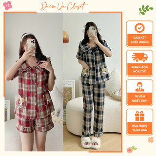 [HÌNH THẬT + VIDEO] Set pijama caro dạ túi gấu, bộ ngủ nữ mặc nhà phong cách đơn giản sang trọng