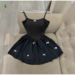 Đầm 2 dây có mod ngực dáng xòe đính nơ chất kate lụa phối thun siêu kute PC