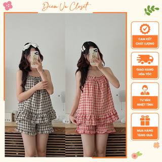 Set pijama 2 dây/ 2 dây babydoll caro, bộ đồ ngủ nữ mặc nhà 2 dây chất đũi mềm