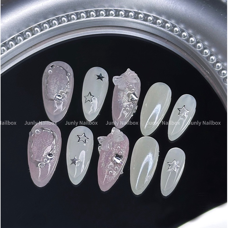 Nailbox thạch hồng trắng JUNLY - nail box thiết kế móng giả mắt mèo trang trí bạc đơn giản 298