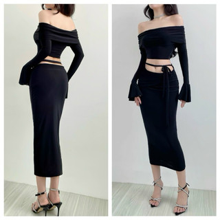 Sẵn Kho hàng đẹp( Sét đầm áo trễ vai Tay loa dây quấn bụng tôn dáng) Chất mềm có độ giãn tốt.