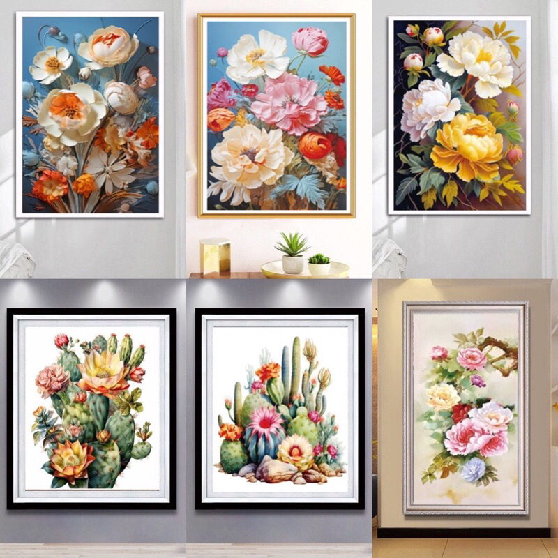 [Mẫu mới] Tranh đính đá Hoa Mẫu Đơn, Hoa Xương Rồng, chưa đính đá