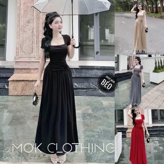 Đầm cổ vuông tay ngắn phom dài xoè đính hoa eo chất thun gân co giãn thích hợp mặc đi tiệc đi làm đi chơi