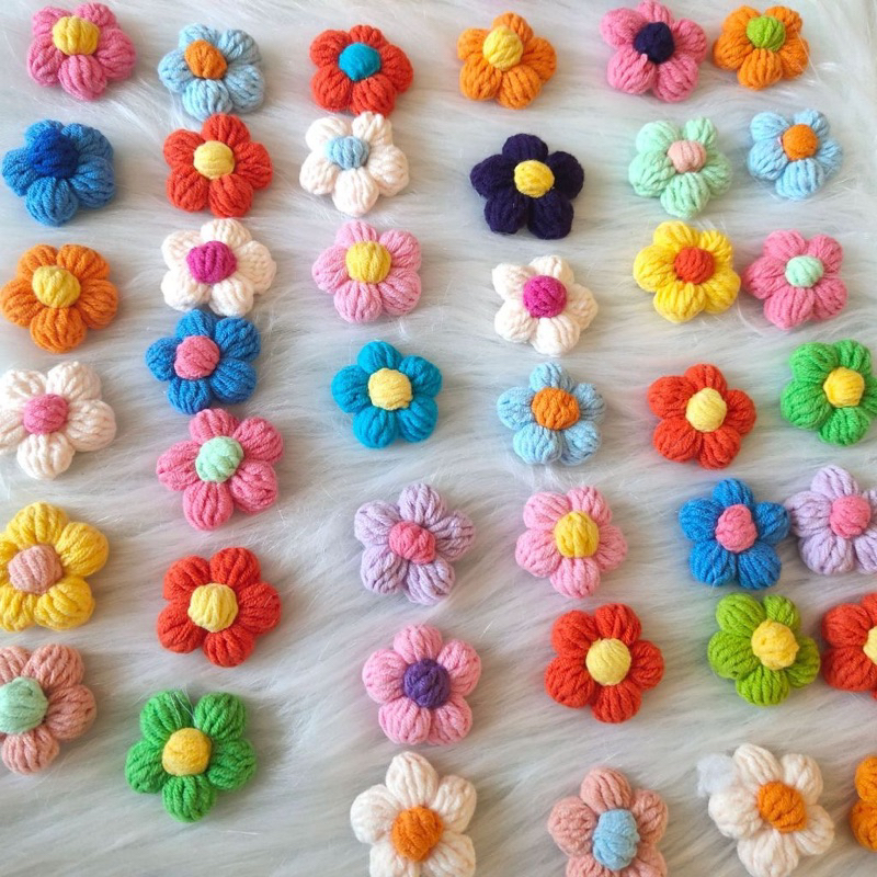 Hoa len handmade hạt bắp,hoa len handmade 6 cánh làm túi xách,áo nhiều màu,móc khoá,kẹp tóc,len milk