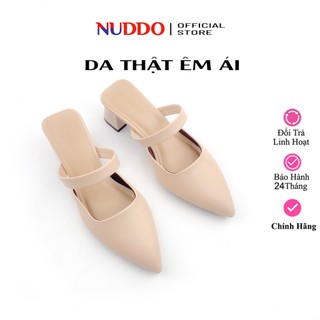Dép Sục Cao Gót Nữ Đế Vuông 5p Thời Trang, Giày Mules Mũi Nhọn Da Thật Cao Cấp NUDDO S542D