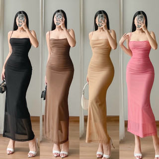Đầm Body Thun Lưới Sheer 2 Dây Dáng Dài Nhún Eo 4 Màu Ôm Body Sexy Gợi Cảm