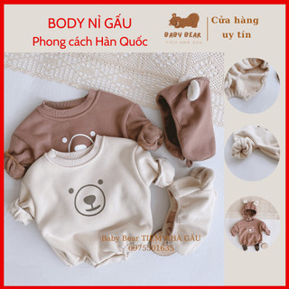 (TẶNG KÈM MŨ) Body nỉ lót lông in hình gấu con kèm mũ cho bé trai bé gái hàng dày cao cấp lót bông