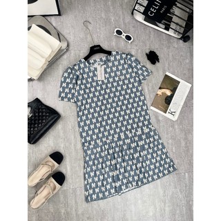 Váy Umi Xanh Dệt Họa Tiết Nơ Tag Đá Ngắn Tay Phối Xếp Ly Gấu Đầm Suông Nữ Ngắn Tay Freesize