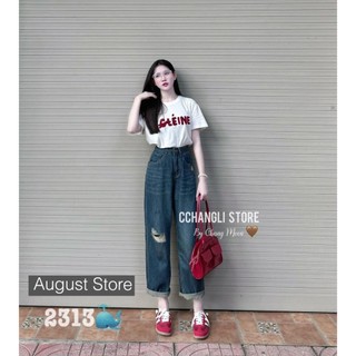 Quần jean nữ baggy qccc lưng cạp cao rách gối trơn basic cao cấp
