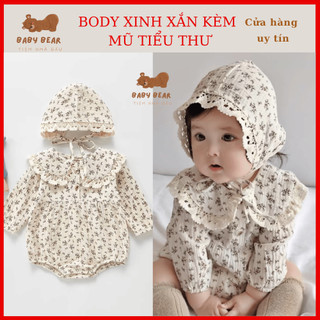 (Tặng Mũ Bèo) Body đũi hoa tiểu thư viền ren cổ trắng kèm mũ bèo tiểu thư xinh xắn cho bé 0-2 tuổi hàng cao cấp