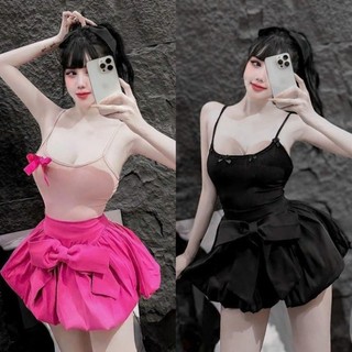 Set áo hai dây đính nơ xinh kèm chân váy phồng đính nơ