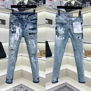 Quần jean bò nam Purple skinny xanh wash bạc rách xước cào sơn đùi gối ống loang phối mác lụa QJ552P
