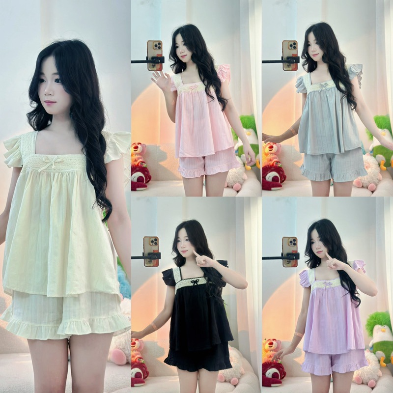 Bộ Ngủ Nữ 2 Dây Vải Đũi Mặc Nhà Mát Mẻ Có Ren Trước Ngực Quần Ngắn Có Túi Free Xưởng may Sm