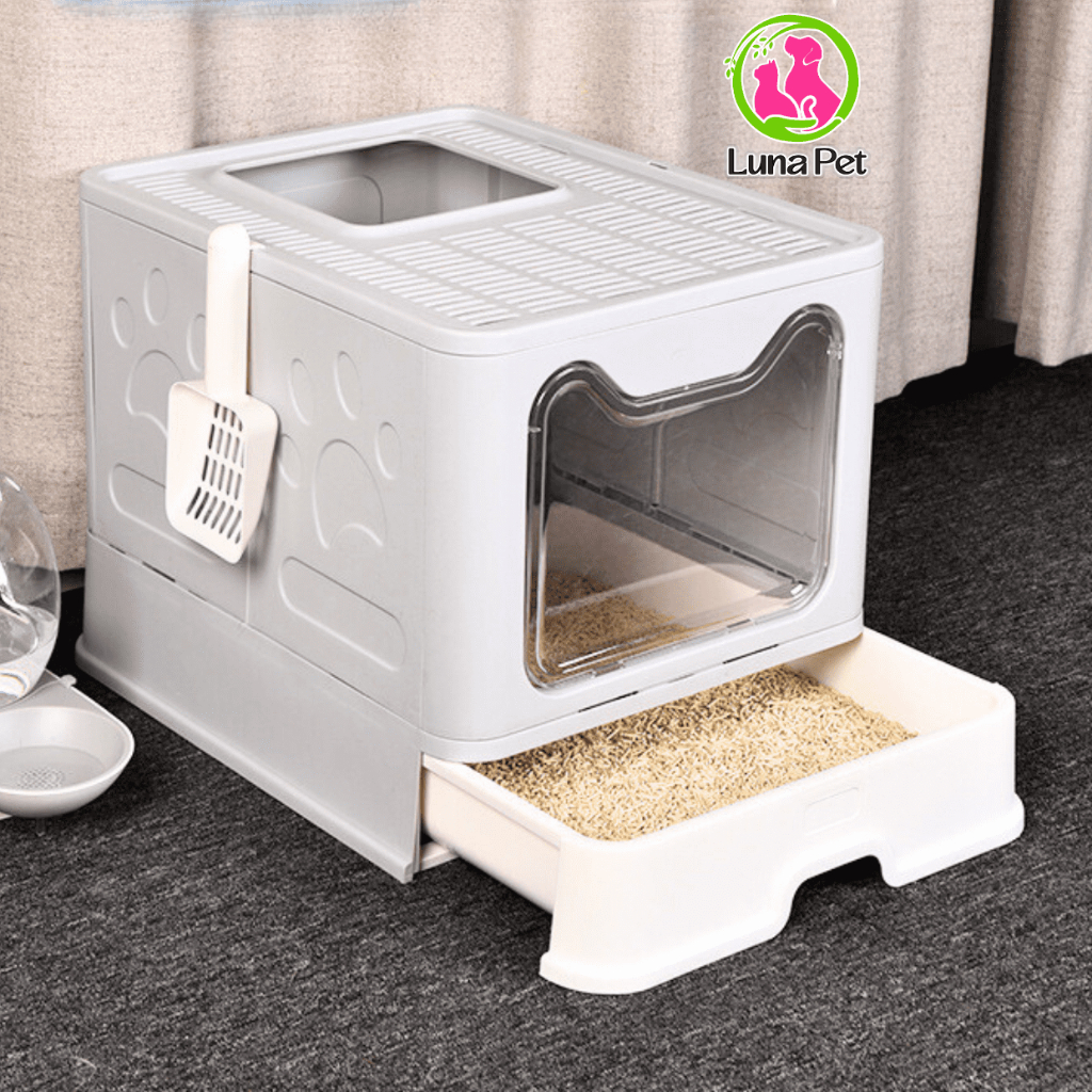Nhà vệ sinh cho mèo cao cấp vuông lớn LunaPet NV01- Nhà vệ sinh 2 cửa chống văng cát có ngăn kéo
